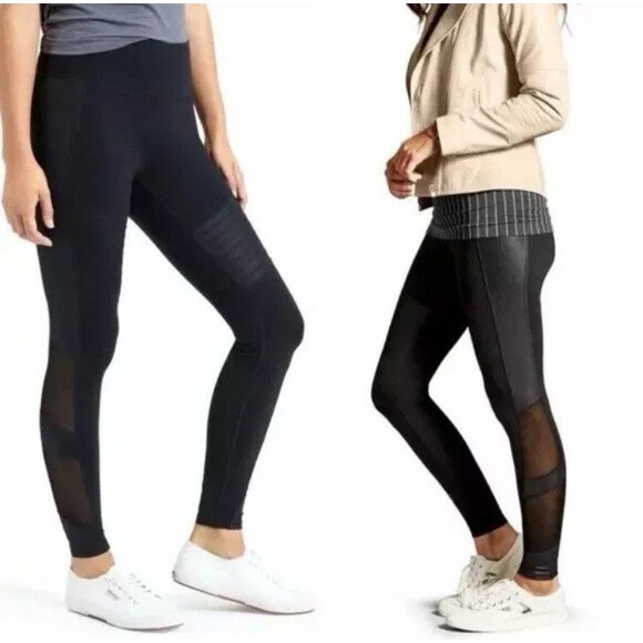 Athleta Leggings Women XS Black Powerful Gleam Hi Rise Mesh Moto Workout Stretch - Picture 1 of 13